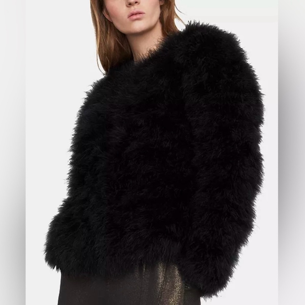 BCBGMaxAzria Zoey Black Ostrich Feather Coat